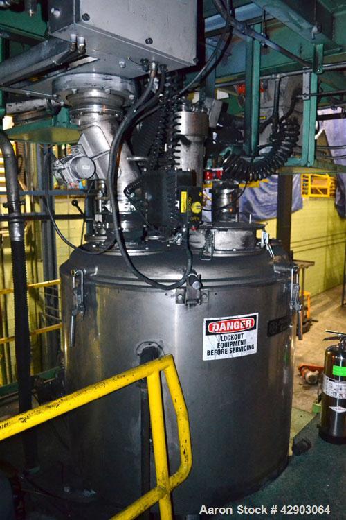 Used Mitsui Miike High Intensity Mixer, Model FM1000J, 1000 Liter (35.3 Cubic Feet), Stainless Steel. Jacketed bowl 48" diameter x 36" deep. Swing away top cover with baffle, 2 tier bottom blade. Sid...