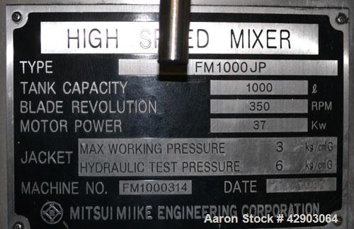 Used Mitsui Miike High Intensity Mixer, Model FM1000J, 1000 Liter (35.3 Cubic Feet), Stainless Steel. Jacketed bowl 48" diameter x 36" deep. Swing away top cover with baffle, 2 tier bottom blade. Sid...