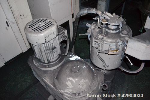 Used Mitsui Miike High Intensity Mixer, Model FM20B, 20 Liter (0.70 Cubic Feet), Stainless Steel. Jacketed bowl 11-3/4" diameter x 11" deep. Hinged top cover with baffle, 2 tier bottom blade. Side bo...