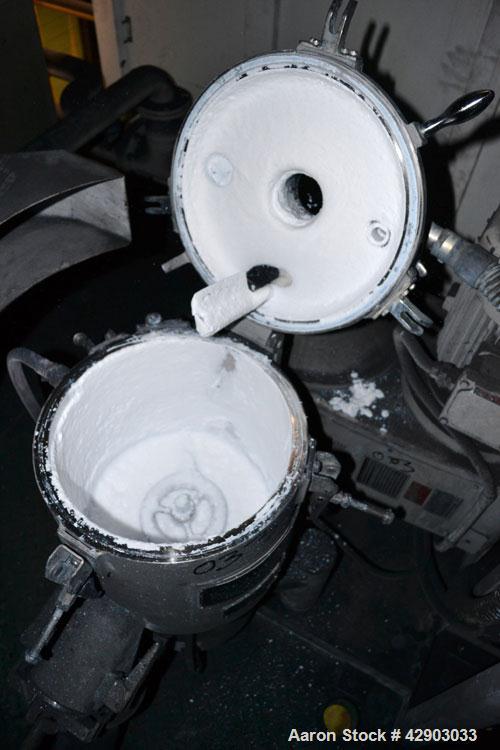 Used Mitsui Miike High Intensity Mixer, Model FM20B, 20 Liter (0.70 Cubic Feet), Stainless Steel. Jacketed bowl 11-3/4" diameter x 11" deep. Hinged top cover with baffle, 2 tier bottom blade. Side bo...