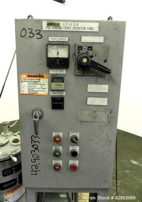 Used Mitsui Mike High Intensity Mixer, Model FM20B, 20 Liter (0.70 Cubic Feet), 304 Stainless Steel. Jacketed bowl 11-3/4" diameter x 11" deep. Hinged top cover with baffle, 2 tier bottom blade. Side...