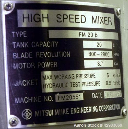 Used Mitsui Mike High Intensity Mixer, Model FM20B, 20 Liter (0.70 Cubic Feet), 304 Stainless Steel. Jacketed bowl 11-3/4" diameter x 11" deep. Hinged top cover with baffle, 2 tier bottom blade. Side...