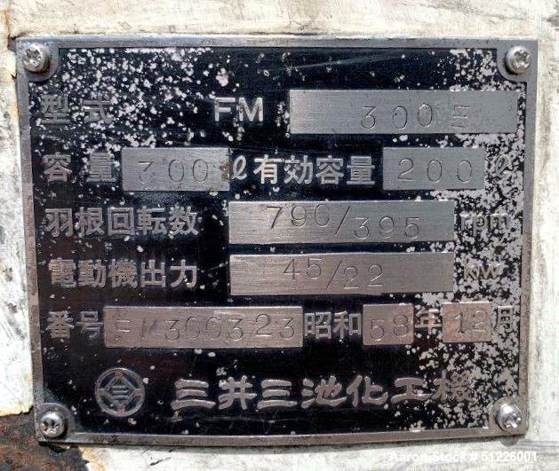 Used Mitsui Miike 300 Liter High Intensity Mixer, Model FM300E. 790/395 RPM Blade Revolution, Driven by a 45/22 kW, 3/60/208-230/460 Volt Motor. Machine # FM300323. PARTS MACHINE ONLY. Motor needs re...