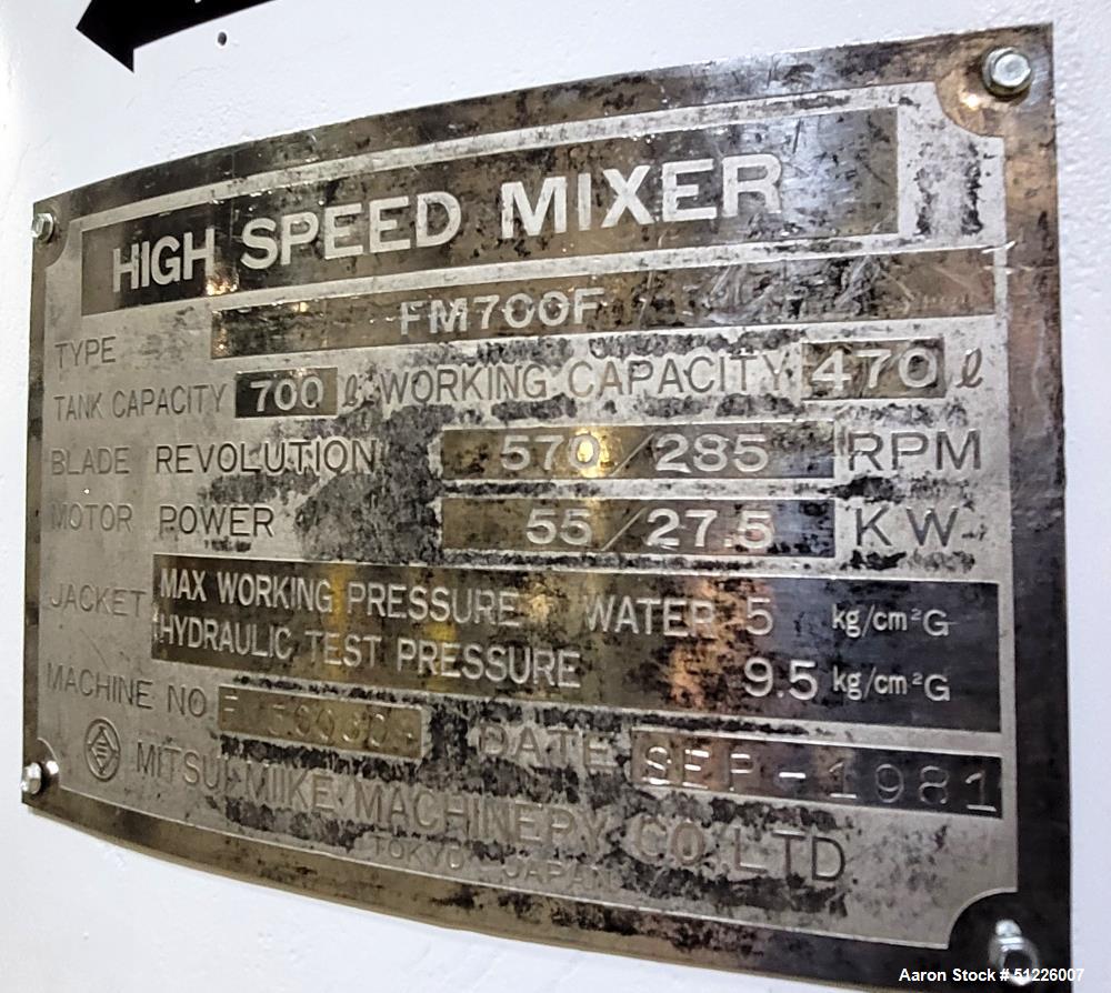 Used Mitsui Miike 700 Liter High Intensity Mixer
