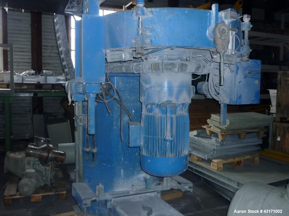 Used Mixaco High Intensive Mixer, Type CM 1000.  Stainless steel on product contact parts, (1) interchangeable bowl on wheels, total capacity 35 cubic feet (1000 liters), working capacity 23.5 cubic ...