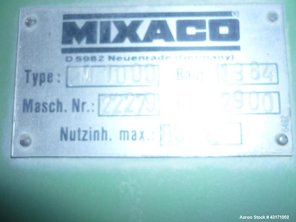 Used Mixaco High Intensive Mixer, Type CM 1000.  Stainless steel on product contact parts, (1) interchangeable bowl on wheels, total capacity 35 cubic feet (1000 liters), working capacity 23.5 cubic ...