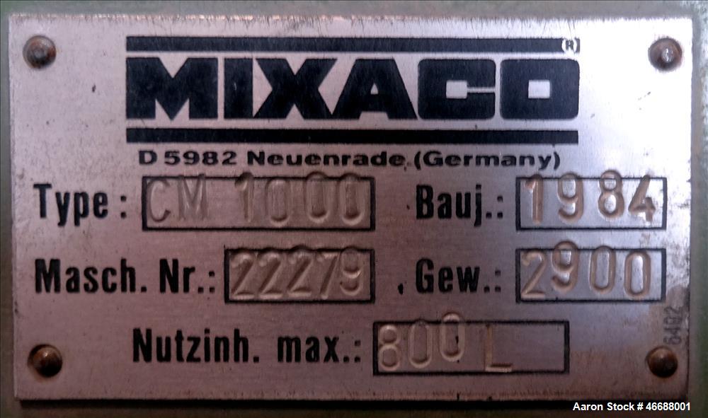Used Mixaco Maschinenbau High Intensity Container Mixer, Type CM 1000, 304 Stai