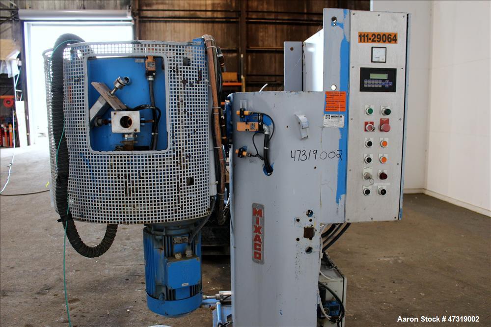 Used Mixaco High Intensity Container Mixer, Model CM 300 WA-D, Working Capacity 240 Liter, Total Capacity 300 Liter. Rotating mixing chamber approximate 28" diameter x 14-1/2" deep, with (1) tier mix...