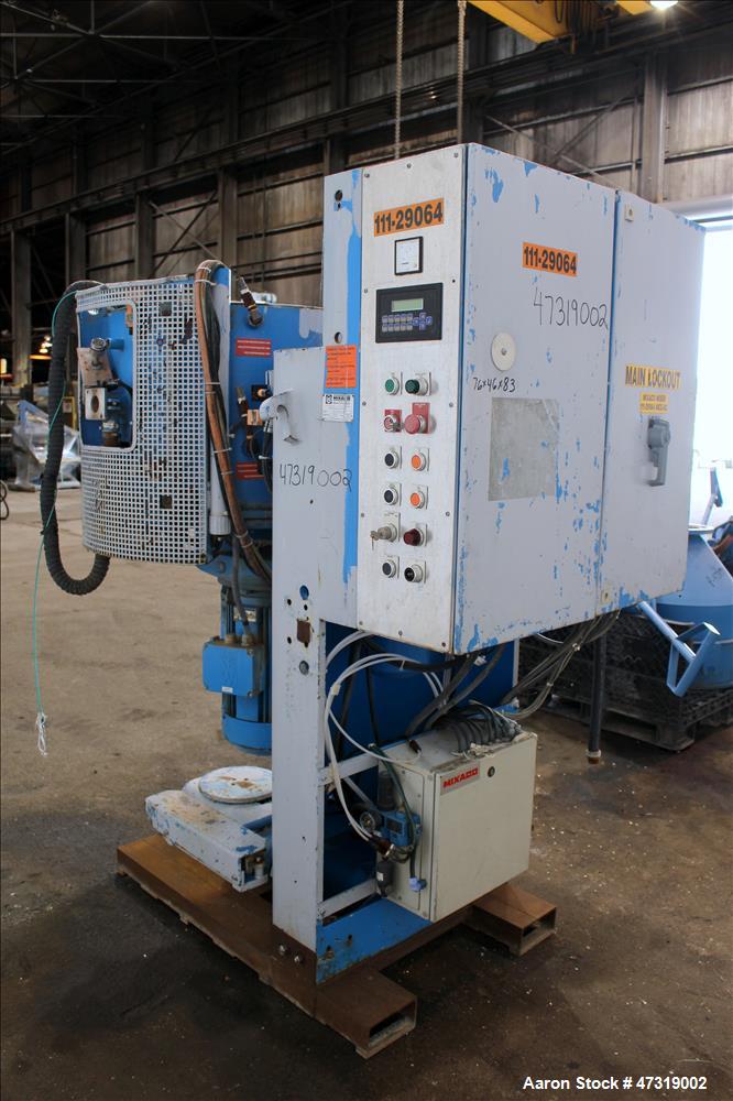 Used Mixaco High Intensity Container Mixer, Model CM 300 WA-D, Working Capacity 240 Liter, Total Capacity 300 Liter. Rotating mixing chamber approximate 28" diameter x 14-1/2" deep, with (1) tier mix...