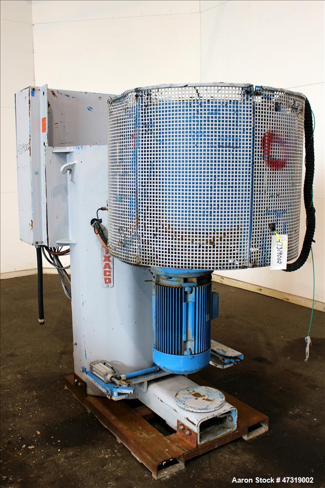 Used Mixaco High Intensity Container Mixer, Model CM 300 WA-D, Working Capacity 240 Liter, Total Capacity 300 Liter. Rotating mixing chamber approximate 28" diameter x 14-1/2" deep, with (1) tier mix...