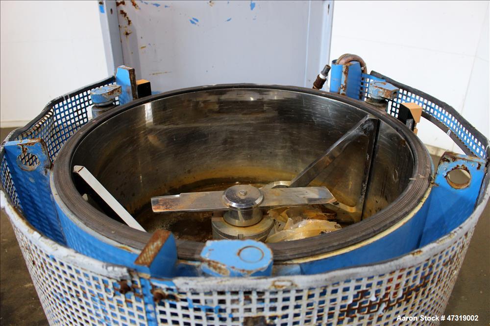 Used Mixaco High Intensity Container Mixer, Model CM 300 WA-D, Working Capacity 240 Liter, Total Capacity 300 Liter. Rotating mixing chamber approximate 28" diameter x 14-1/2" deep, with (1) tier mix...