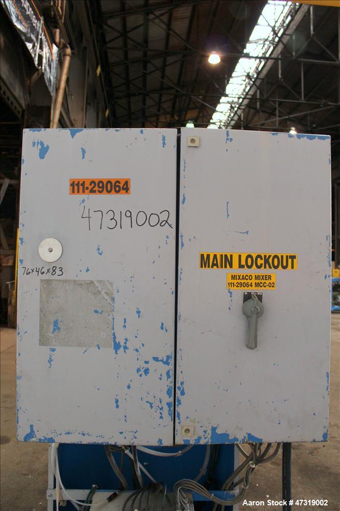 Used Mixaco High Intensity Container Mixer, Model CM 300 WA-D, Working Capacity 240 Liter, Total Capacity 300 Liter. Rotating mixing chamber approximate 28" diameter x 14-1/2" deep, with (1) tier mix...