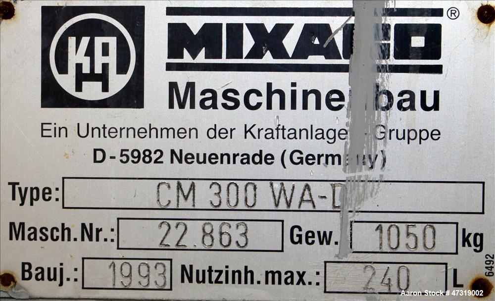 Used Mixaco High Intensity Container Mixer, Model CM 300 WA-D, Working Capacity 240 Liter, Total Capacity 300 Liter. Rotating mixing chamber approximate 28" diameter x 14-1/2" deep, with (1) tier mix...