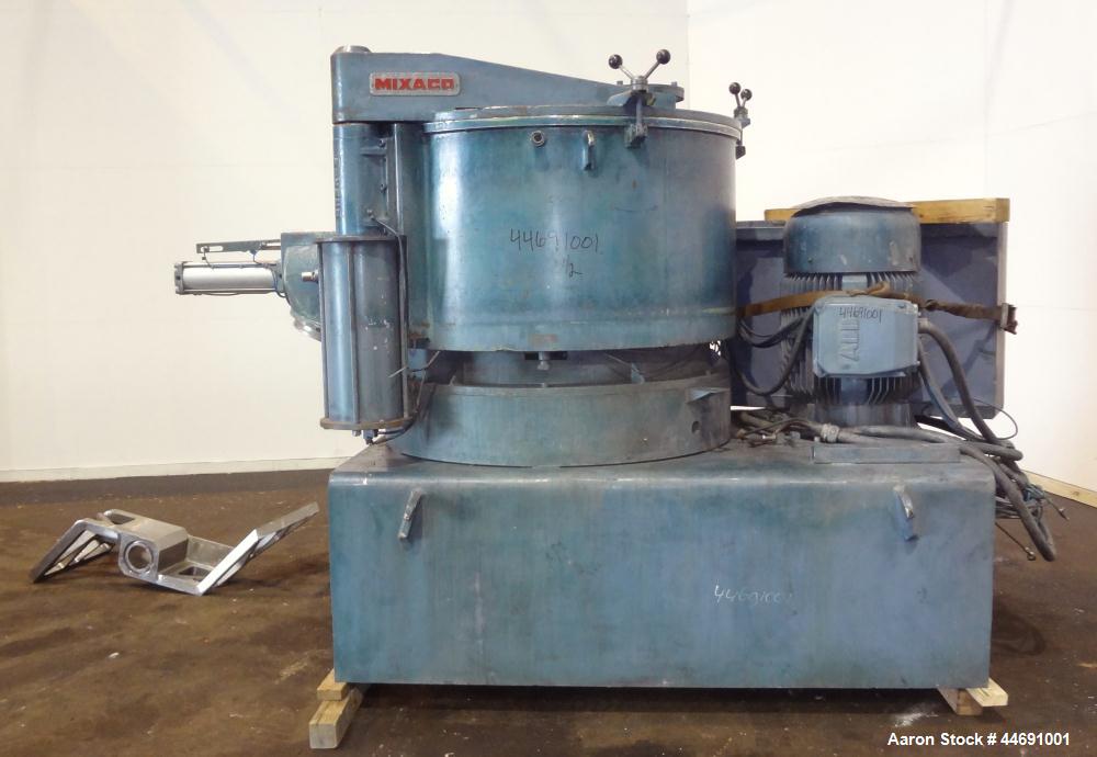 Used Mixaco Maschinenbau High Intensity Mixer, Type M1000WA-D. 304 Stainless steel contact areas. Working capacity 800 liter (28.2 cubic feet), total capacity 1000 liter (35.3 cubic feet). Carbon ste...
