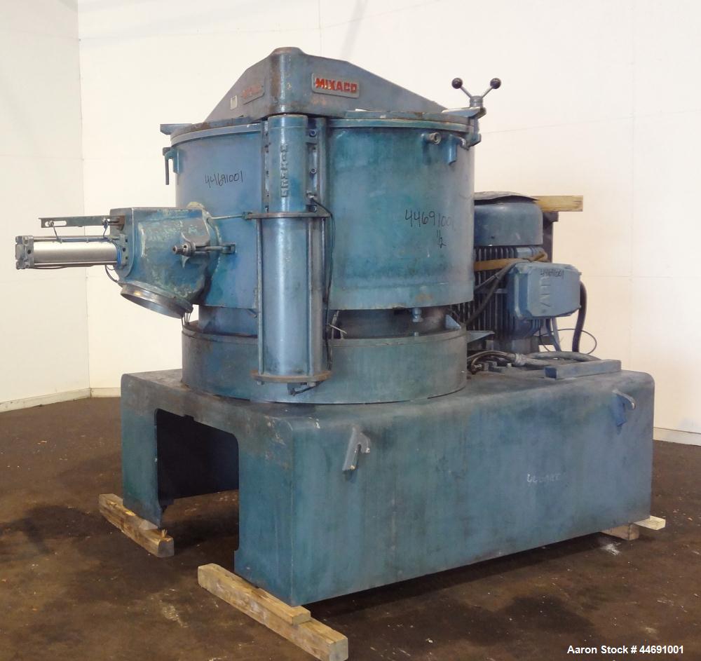 Used Mixaco Maschinenbau High Intensity Mixer, Type M1000WA-D. 304 Stainless steel contact areas. Working capacity 800 liter (28.2 cubic feet), total capacity 1000 liter (35.3 cubic feet). Carbon ste...