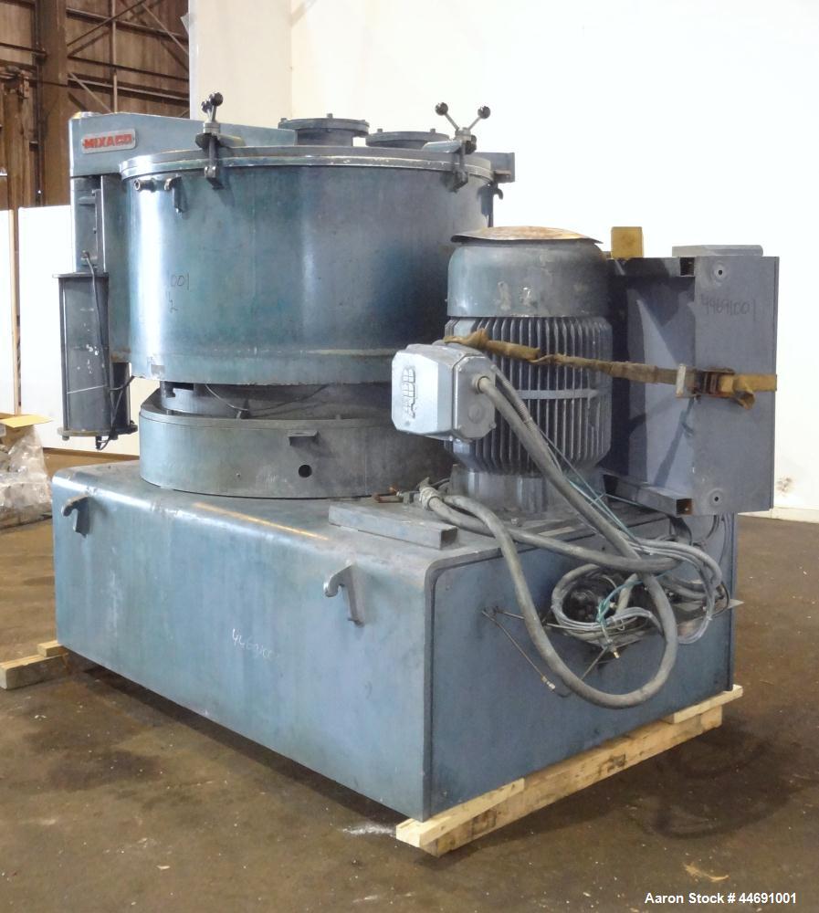 Used Mixaco Maschinenbau High Intensity Mixer, Type M1000WA-D. 304 Stainless steel contact areas. Working capacity 800 liter (28.2 cubic feet), total capacity 1000 liter (35.3 cubic feet). Carbon ste...
