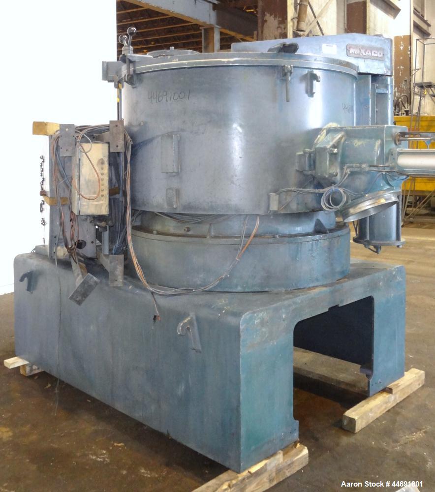 Used Mixaco Maschinenbau High Intensity Mixer, Type M1000WA-D. 304 Stainless steel contact areas. Working capacity 800 liter (28.2 cubic feet), total capacity 1000 liter (35.3 cubic feet). Carbon ste...