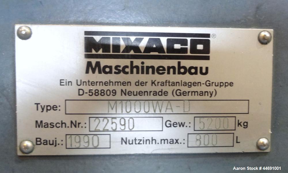 Used Mixaco Maschinenbau High Intensity Mixer, Type M1000WA-D. 304 Stainless steel contact areas. Working capacity 800 liter (28.2 cubic feet), total capacity 1000 liter (35.3 cubic feet). Carbon ste...