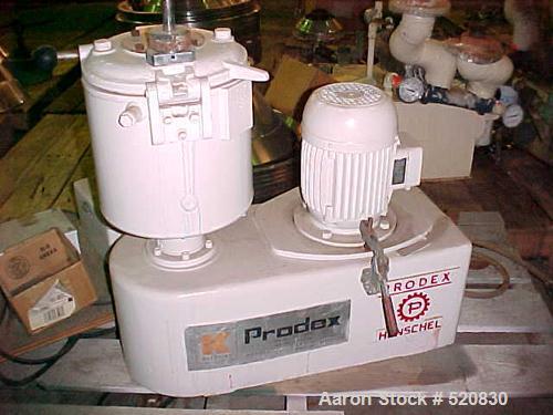 USED: Prodex Henschel model 2JSS laboratory high intensity mixerhaving a total vessel volume of 10 liters and a working capacityof .2 cu ft. Interior of bowl is manufactured of stainless steeland bow...