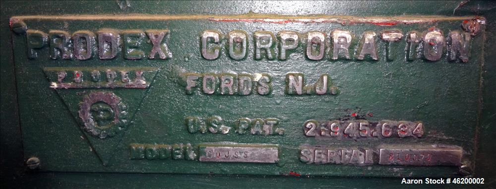 Used Prodex High Intensity Mixer, Model 60JSS, 304 Stainless Steel. Approximate working capacity 170 liters 6 cubic feet (240 liter 8.5 cubic feet total). Carbon steel jacketed bowl 30" diameter x 24...