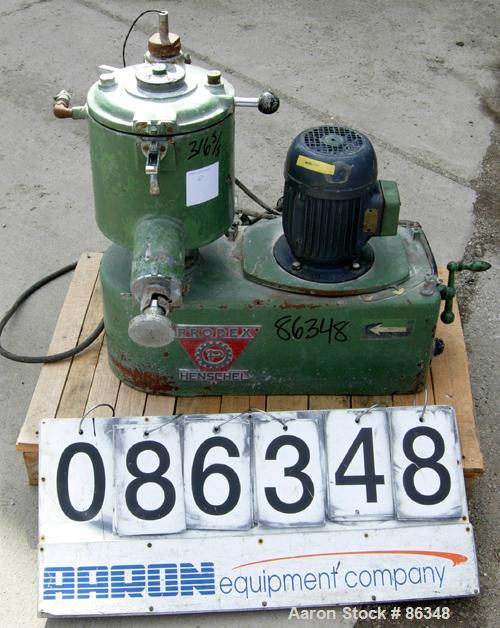 Used Prodex Henschel High Intensity Lab Mixer, Approximately 10 Liter (.34 Cubic Feet), 316 Stainless Steel. Carbon steel jacketed bowl 9" diameter x 9" deep. Hinged top cover with baffle, 2 tier bla...