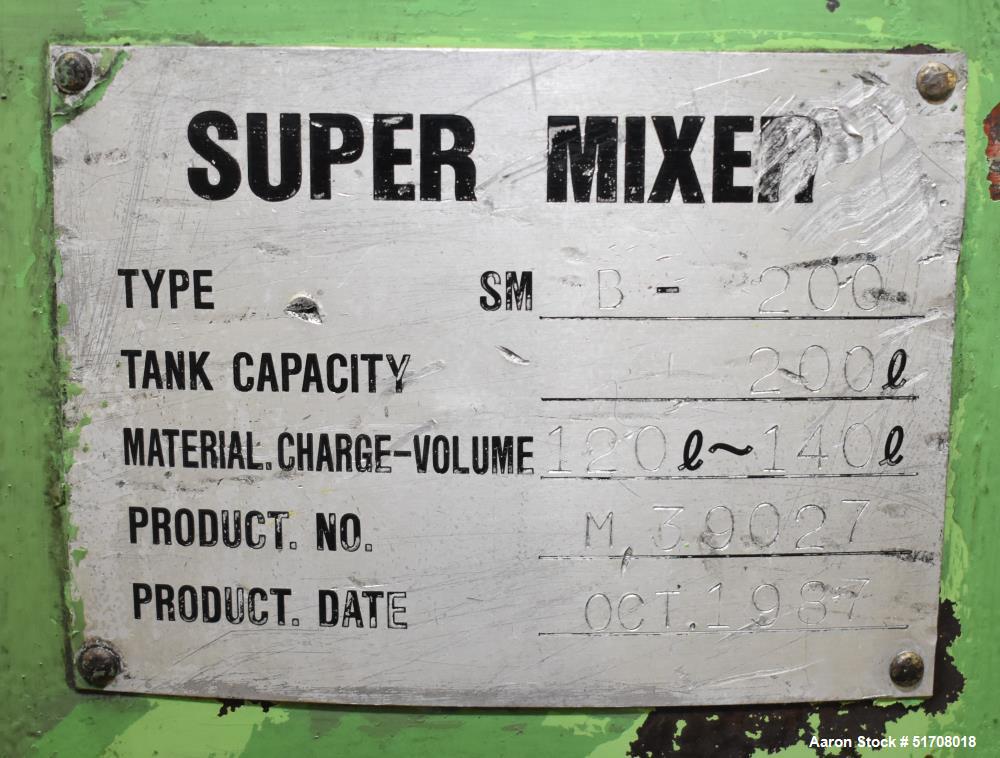 Industrial Kawata SMB-200 Super Mixer - 200L Total, 120-140L Working Capacity