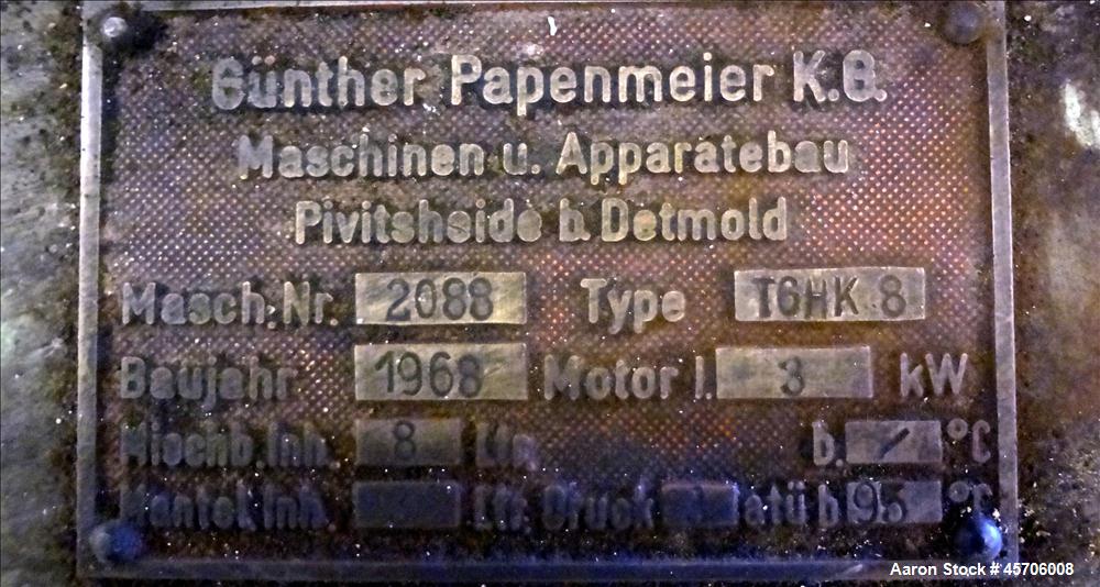 Used Papenmeier High Intensity Mixer, Model TGHK8, 8 Liter Capacity. 316 Stainless Steel. 9" Diameter x 10.5" deep mixing bowl, 2 tier mixing blade, hinged top cover with baffle. Driven by a 3kw, 3/6...