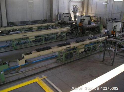 Used Bandera Pipe Extrusion Plant, complete for production of LDPE and HDPE pipes, output 441-551 lbs/h (200-250 kg/h). Comprised of Banders extruder T.R.90, gravimetrical dosing unit, BDO 100L scree...