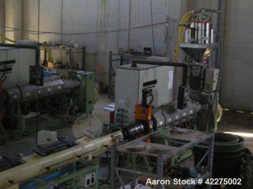 Used Bandera Pipe Extrusion Plant, complete for production of LDPE and HDPE pipes, output 441-551 lbs/h (200-250 kg/h). Comprised of Banders extruder T.R.90, gravimetrical dosing unit, BDO 100L scree...