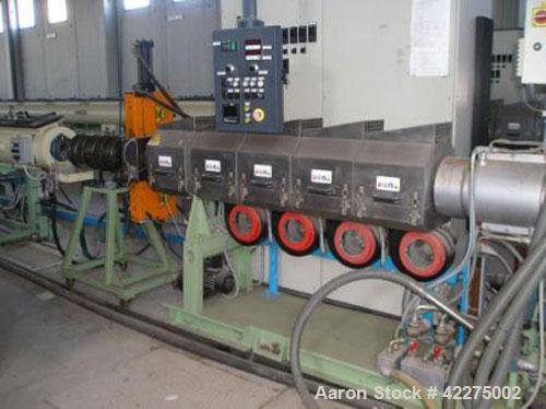 Used Bandera Pipe Extrusion Plant, complete for production of LDPE and HDPE pipes, output 441-551 lbs/h (200-250 kg/h). Comprised of Banders extruder T.R.90, gravimetrical dosing unit, BDO 100L scree...
