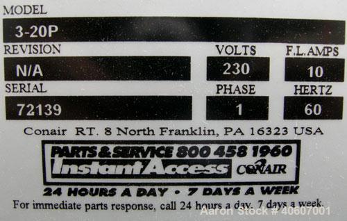 Used (1) Conair puller, model 3-20P, 3" wide x 20" long manually adjustable belts, serial #72139. (1) Conair portable chiller, model MPA-3, 3.64 tons, air cooled, includes PC-1 microprocessor control...