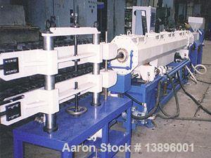 Used Pipe Extrusion Line. Pipe diameter 0.63" - 1.58" (16 - 40 mm), maximum capacity 88 lbs/hour (40 kg/h), 53.3 hp/40 kW, water cooling, handles pipe diameters 0.63", 0.88", 0.98", 1.26" and 1.58" (...