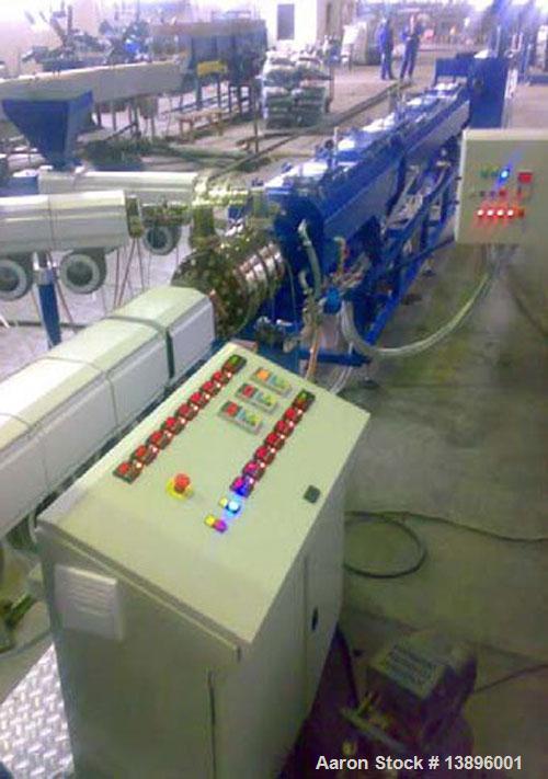 Used Pipe Extrusion Line. Pipe diameter 0.63" - 1.58" (16 - 40 mm), maximum capacity 88 lbs/hour (40 kg/h), 53.3 hp/40 kW, water cooling, handles pipe diameters 0.63", 0.88", 0.98", 1.26" and 1.58" (...
