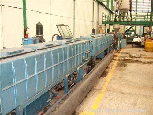 Used Krauss Maffei pipe extrusion line, capacity 1102 lbs/h (500 kg/h), used for 9.84"-15.75" (125-400 mm) HDPE pipes.  Consisting of (1) Krauss Maffei KME 1-90-30B1 extruder, 210.7 hp/158 kW DC driv...