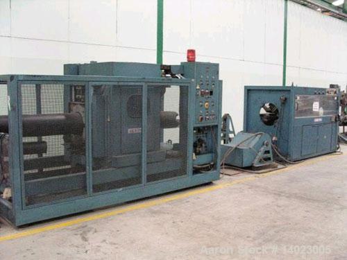 Used Krauss Maffei pipe extrusion line, capacity 1102 lbs/h (500 kg/h), used for 9.84"-15.75" (125-400 mm) HDPE pipes.  Consisting of (1) Krauss Maffei KME 1-90-30B1 extruder, 210.7 hp/158 kW DC driv...