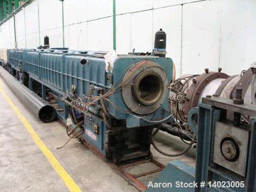Used Krauss Maffei pipe extrusion line, capacity 1102 lbs/h (500 kg/h), used for 9.84"-15.75" (125-400 mm) HDPE pipes.  Consisting of (1) Krauss Maffei KME 1-90-30B1 extruder, 210.7 hp/158 kW DC driv...