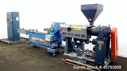 Used APV Single Screw Pelletizing Line Consisting Of: (1) APV 1-1/2” single screw extruder, 30 to 1 L/D ratio. Electrically heated, air cooled 4 zone, side vented barrel with vacuum pump. Water coole...