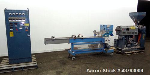 Used APV Single Screw Pelletizing Line Consisting Of: (1) APV 1-1/2” single screw extruder, 30 to 1 L/D ratio. Electrically heated, air cooled 4 zone, side vented barrel with vacuum pump. Water coole...