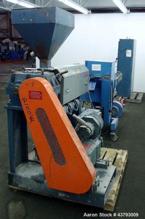 Used APV Single Screw Pelletizing Line Consisting Of: (1) APV 1-1/2” single screw extruder, 30 to 1 L/D ratio. Electrically heated, air cooled 4 zone, side vented barrel with vacuum pump. Water coole...