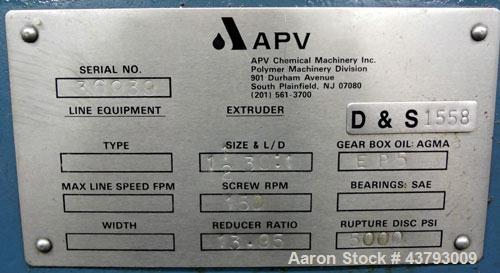 Used APV Single Screw Pelletizing Line Consisting Of: (1) APV 1-1/2” single screw extruder, 30 to 1 L/D ratio. Electrically heated, air cooled 4 zone, side vented barrel with vacuum pump. Water coole...