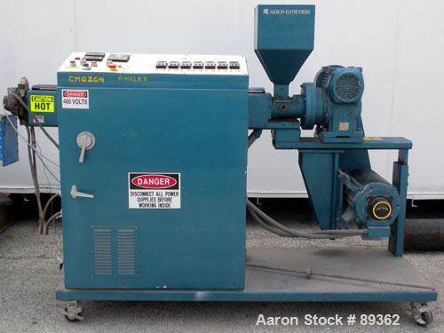 Used Akron Pelletizing Line Consisting Of: (1) Akron 1-1/2" single screw extruder, model MPAK 150. Approximate 40:1 L/D ratio. Electrically heated, air cooled. 5 zone vented, plugged barrel. Water co...
