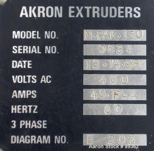 Used Akron Pelletizing Line Consisting Of: (1) Akron 1-1/2" single screw extruder, model MPAK 150. Approximate 40:1 L/D ratio. Electrically heated, air cooled. 5 zone vented, plugged barrel. Water co...