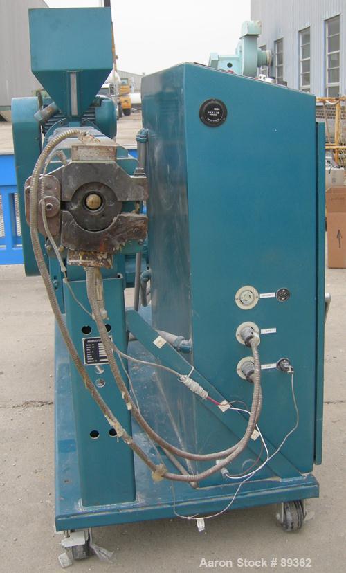 Used Akron Pelletizing Line Consisting Of: (1) Akron 1-1/2" single screw extruder, model MPAK 150. Approximate 40:1 L/D ratio. Electrically heated, air cooled. 5 zone vented, plugged barrel. Water co...