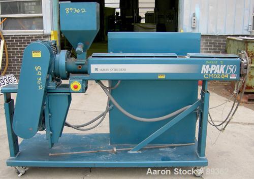 Used Akron Pelletizing Line Consisting Of: (1) Akron 1-1/2" single screw extruder, model MPAK 150. Approximate 40:1 L/D ratio. Electrically heated, air cooled. 5 zone vented, plugged barrel. Water co...