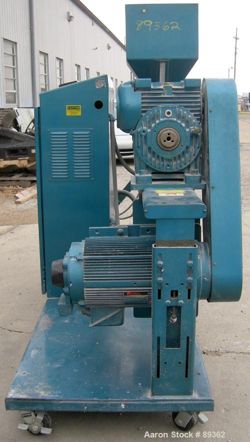Used Akron Pelletizing Line Consisting Of: (1) Akron 1-1/2" single screw extruder, model MPAK 150. Approximate 40:1 L/D ratio. Electrically heated, air cooled. 5 zone vented, plugged barrel. Water co...