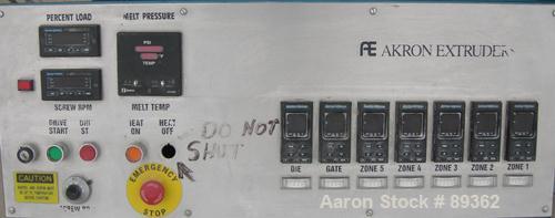 Used Akron Pelletizing Line Consisting Of: (1) Akron 1-1/2" single screw extruder, model MPAK 150. Approximate 40:1 L/D ratio. Electrically heated, air cooled. 5 zone vented, plugged barrel. Water co...