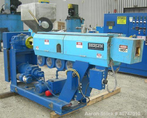 Used Berlyn Pelletizing Line Consisting Of: (1) Berlyn 2" single screw extruder, approximately 36:1 L/D ratio. Electrically heated, air cooled 5 zone top vented barrel with vacuum pump. Water cooled ...