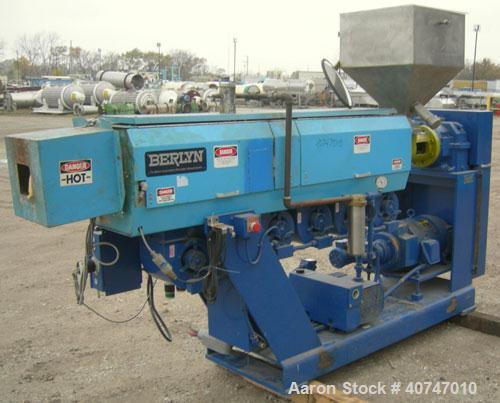 Used Berlyn Pelletizing Line Consisting Of: (1) Berlyn 2" single screw extruder, approximately 36:1 L/D ratio. Electrically heated, air cooled 5 zone top vented barrel with vacuum pump. Water cooled ...