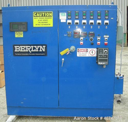 Used Berlyn Pelletizing Line Consisting Of: (1) Berlyn 2" single screw extruder, approximately 36:1 L/D ratio. Electrically heated, air cooled 5 zone top vented barrel with vacuum pump. Water cooled ...