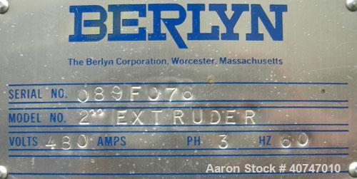 Used Berlyn Pelletizing Line Consisting Of: (1) Berlyn 2" single screw extruder, approximately 36:1 L/D ratio. Electrically heated, air cooled 5 zone top vented barrel with vacuum pump. Water cooled ...
